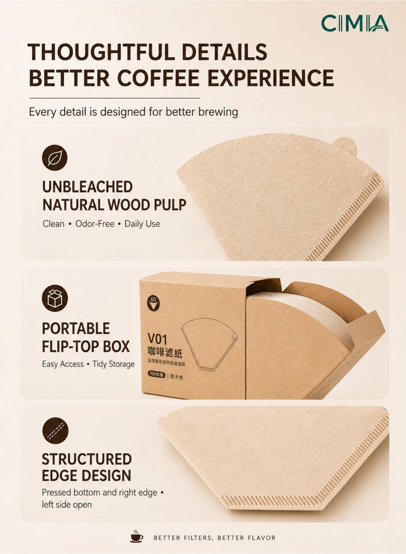 CIMIA 100pcs V60 coffee filters, suitable for pour-over coffee and drip coffee machines. Disposable filters with fine filtration, comes with a flip-top box. Perfect for home, office, or travel use. - Image 4