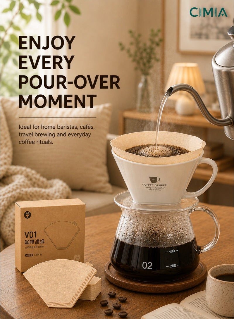 CIMIA 100pcs V60 coffee filters, suitable for pour-over coffee and drip coffee machines. Disposable filters with fine filtration, comes with a flip-top box. Perfect for home, office, or travel use. - Image 2