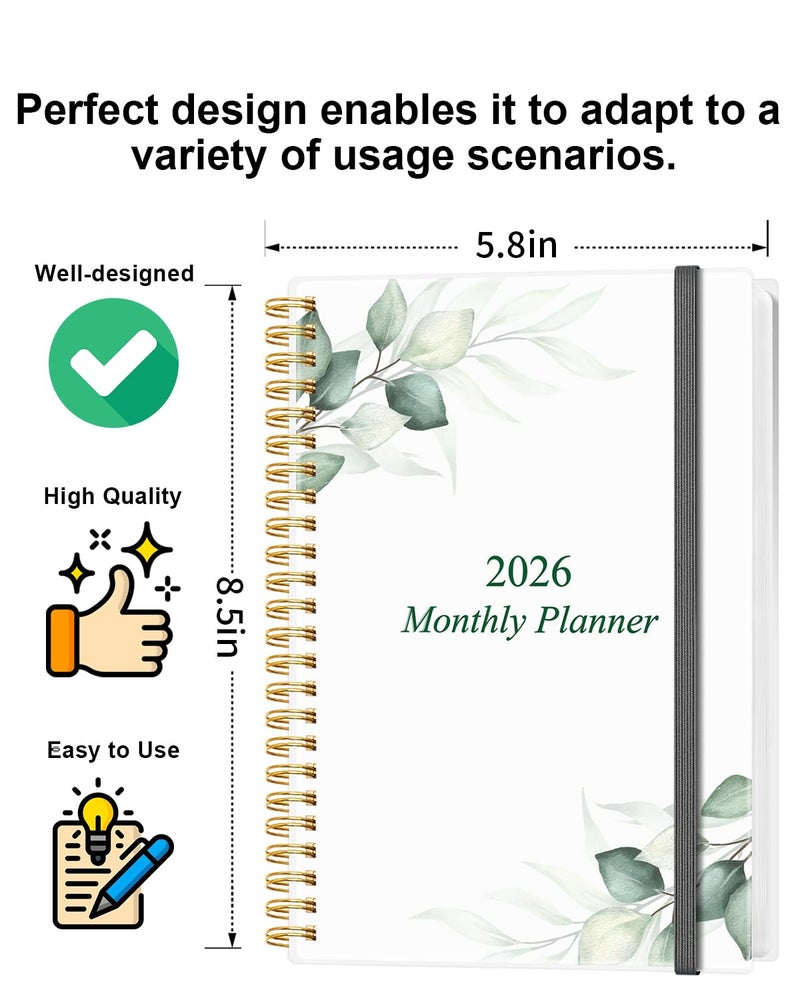 Tuun Fuplan Monthly Planner 2026 - Monthly Calendar from January 2026 to December 2026, 2026 Planner with Inner Pocket, Elastic Band, 5.8" x 8.5", Green Leaf - Image 2