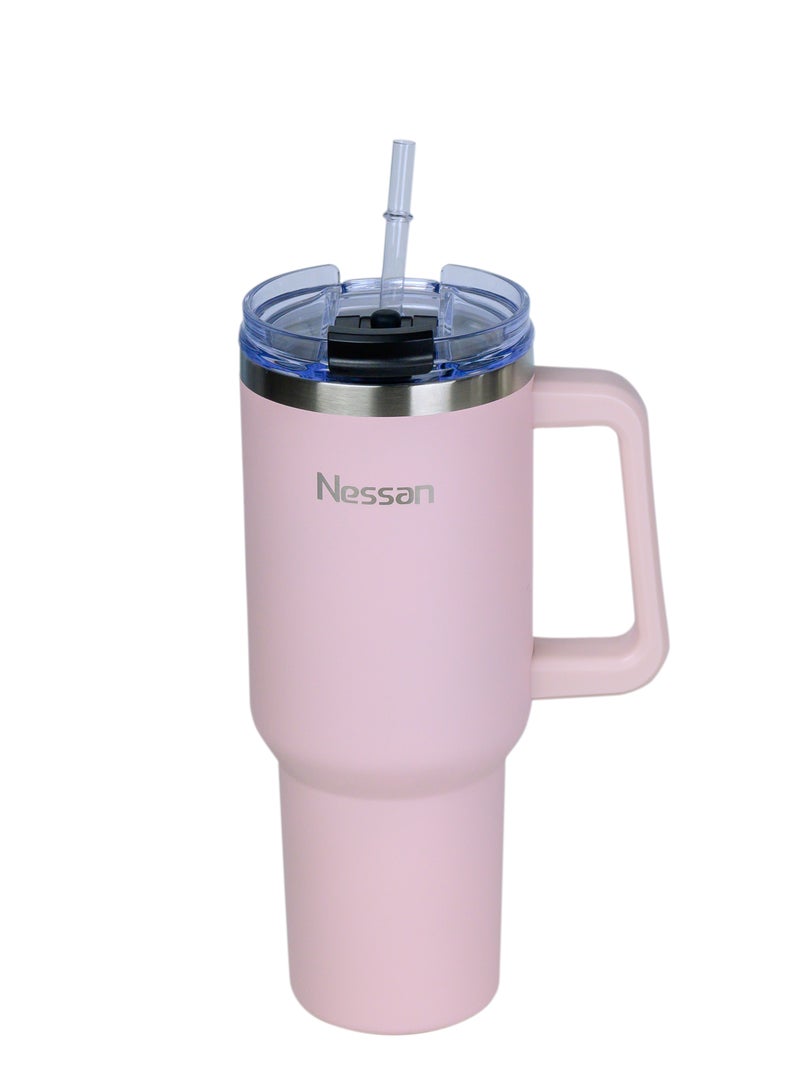 Nessan كوب سفر مزدوج الجدار من الفولاذ المقاوم للصدأ مع عزل فراغ من نيسان مع غطاء ووظيفة مزدوجة وشفاطة للماء، الشاي المثلج أو القهوة الساخنة، السموذي والمزيد (وردي، 1200 مل) - Image 2