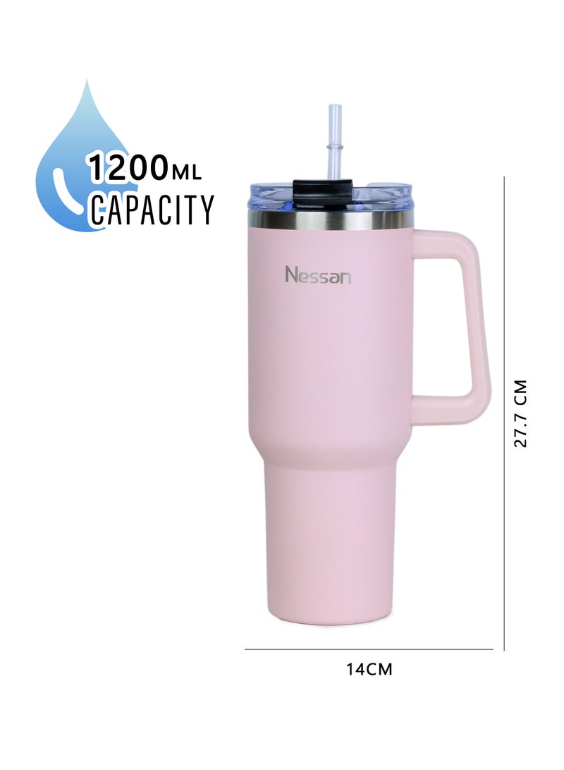 Nessan كوب سفر مزدوج الجدار من الفولاذ المقاوم للصدأ مع عزل فراغ من نيسان مع غطاء ووظيفة مزدوجة وشفاطة للماء، الشاي المثلج أو القهوة الساخنة، السموذي والمزيد (وردي، 1200 مل) - Image 3