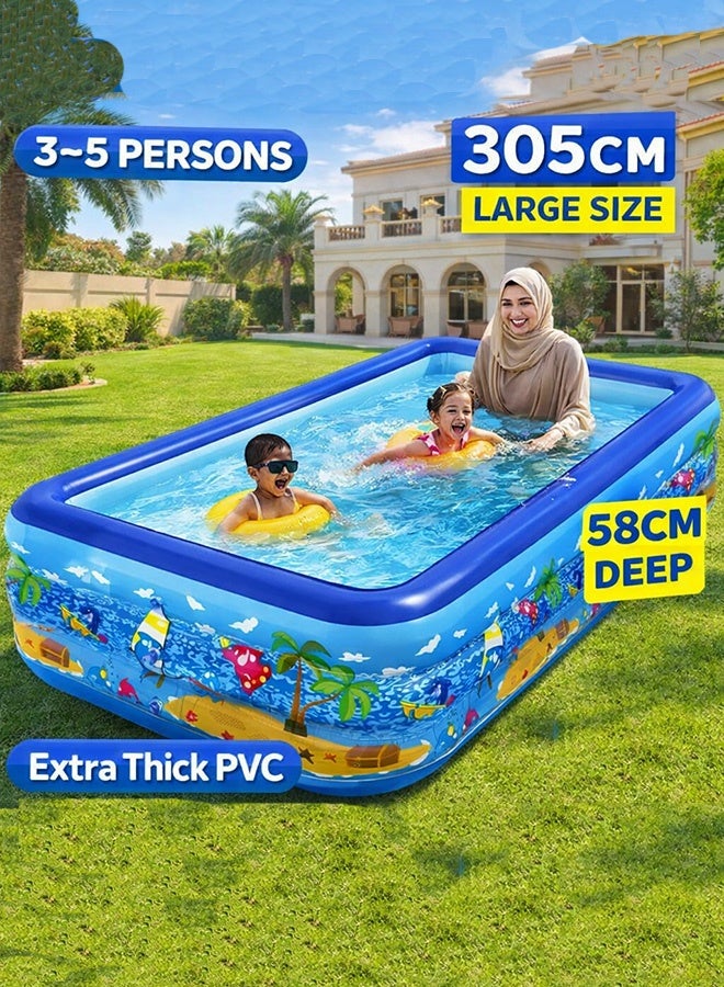 مسبح عائلي قابل للنفخ 305×175×58 سم، PVC سميك، تصميم مستطيل للأطفال والكبار، ثلاثي الطبقات مع صمامات هواء مستقلة، مثالي للحديقة والخارج وحفلات الصيف - Image 1