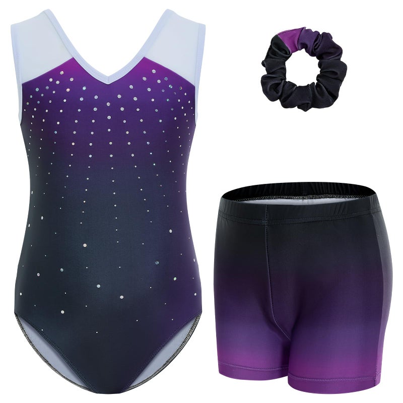 Gogokids Girls Gymnastics Leotard Set with Shorts, Sparkly Rhinestone Gradient Mesh Dance Outfit for Ballet Training, Gradient Rose, 3-4 Years - Image 1