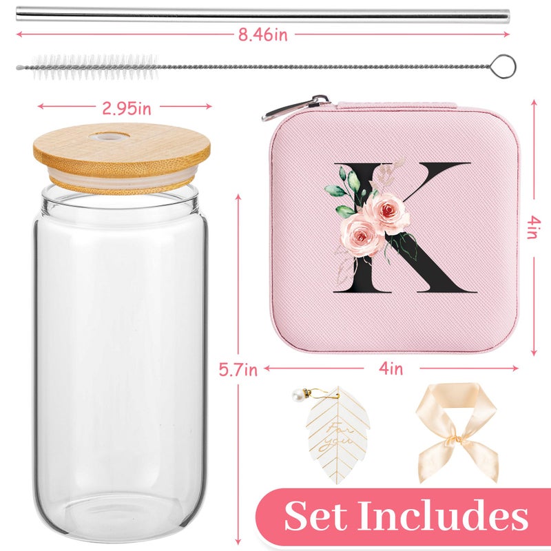 AYGXU Bridesmaid proposal gifts,16oz glass cups with bamboo lid,Travel Jewelry Organizer,Bridesmaid Gifts for Women,Wedding Travel Essentials Small Jewelry Box,Initial K white - Image 2