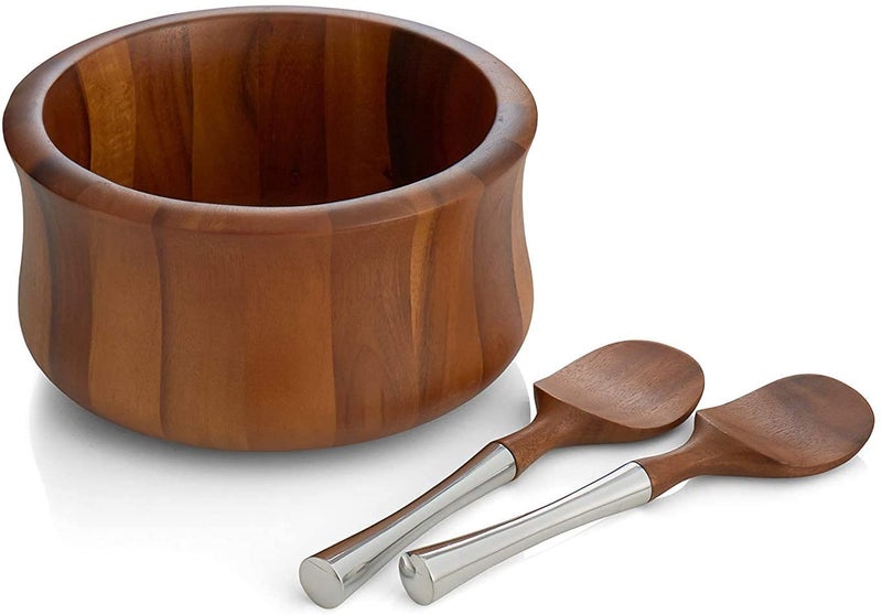Nambe Nambe - Nara Collection Natural Acacia Wood Salad Bowl and Servers with Nambe Alloy Handles (10.5"" x 5.5"") - Image 1
