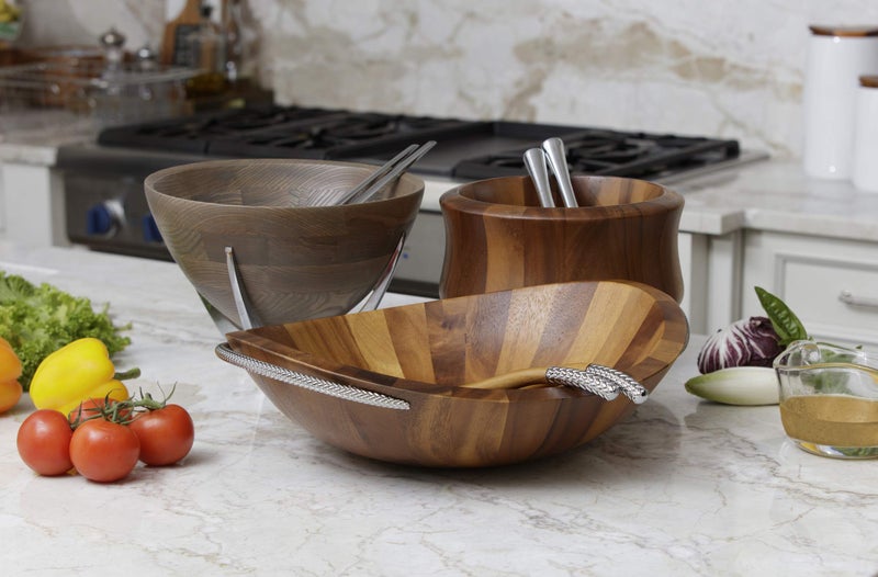 Nambe Nambe - Nara Collection Natural Acacia Wood Salad Bowl and Servers with Nambe Alloy Handles (10.5"" x 5.5"") - Image 3