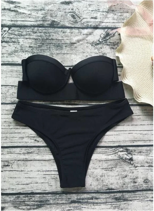 Angelsin Black Strapless Bikini Set