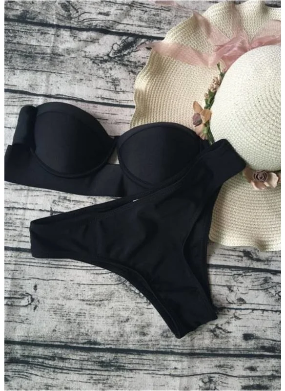 Angelsin Black Strapless Bikini Set