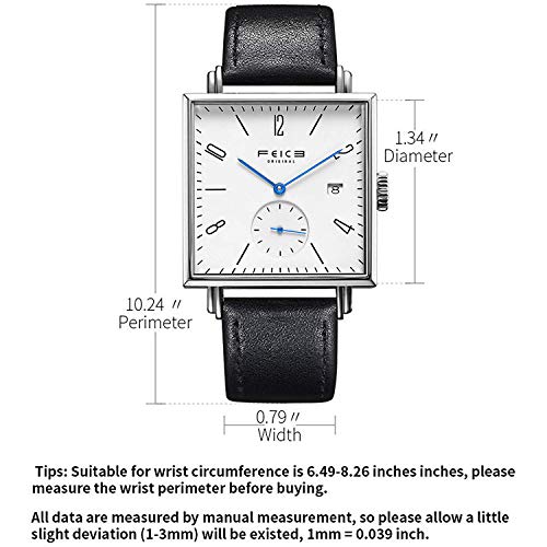 FEICE Men’s Square Watch Minimalistic Automatic Mechanical Watch Waterproof Wristwatch with Sapphire Crystal Leather Straps for Women Unisex -FM301 - Image 3