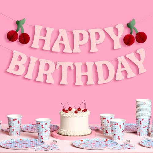xo, Fetti xo Fetti Happy Birthday Cherry Banner Pink Glitter 65 Ft 3D Cherry Garland Bday Decoration Accordion Party Sign Pop Up Photoshoot Backdrop - Image 1
