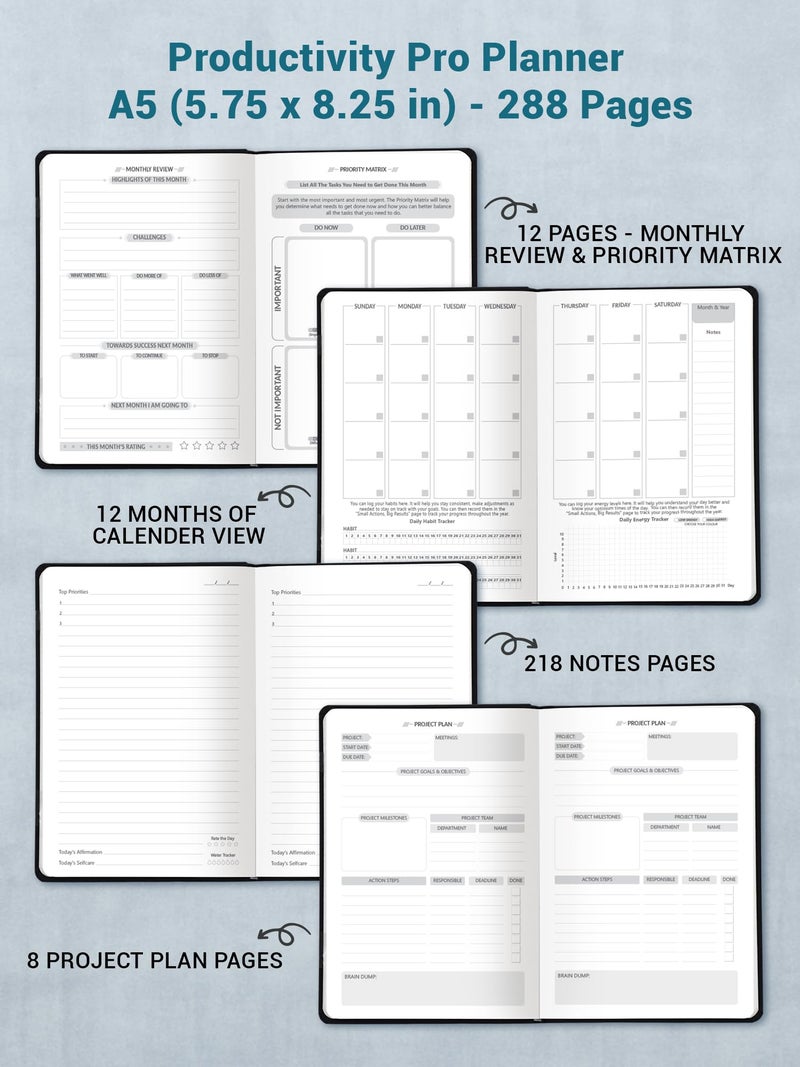 DOODLE Productivity Pro Planner Gift Set 2026 | A5 Executive Planner (288 Pages) + Desk Calendar + Activity Book + 4 Sticker Sheets + Mobile Stand | Smart Gift Box for Professionals & Executives - Image 2