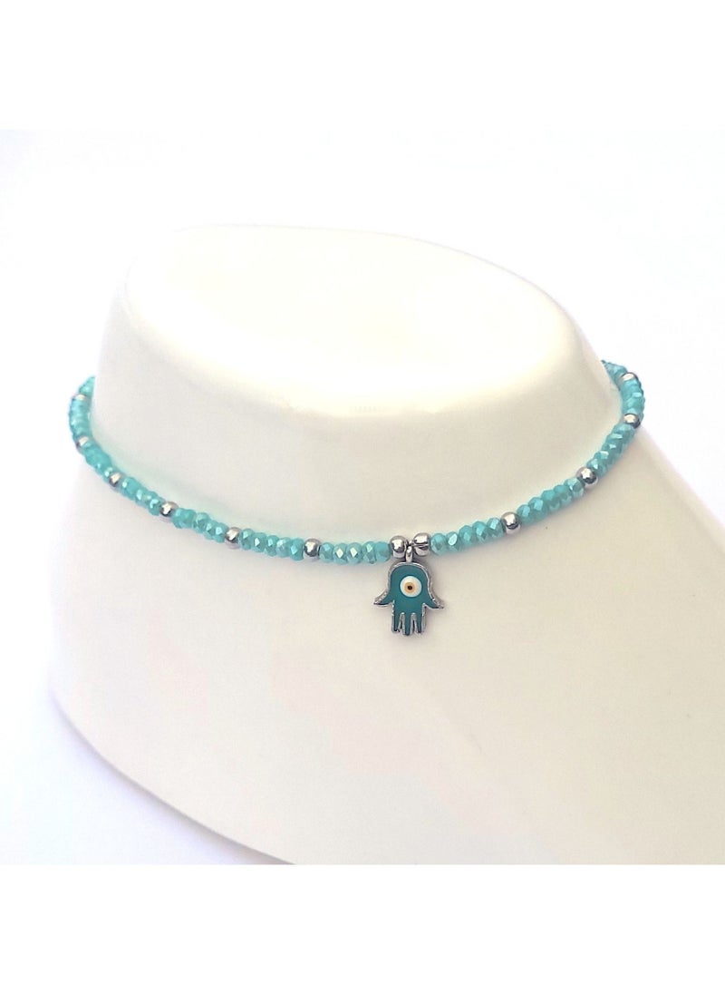 Alwan - Long Size Crystal Anklet with an Evil Eye in the Center of a Hamsa - Image 1