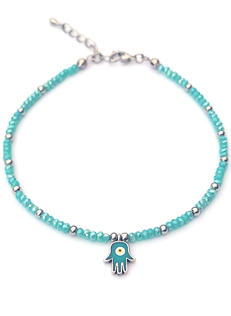Alwan - Long Size Crystal Anklet with an Evil Eye in the Center of a Hamsa - Image 1