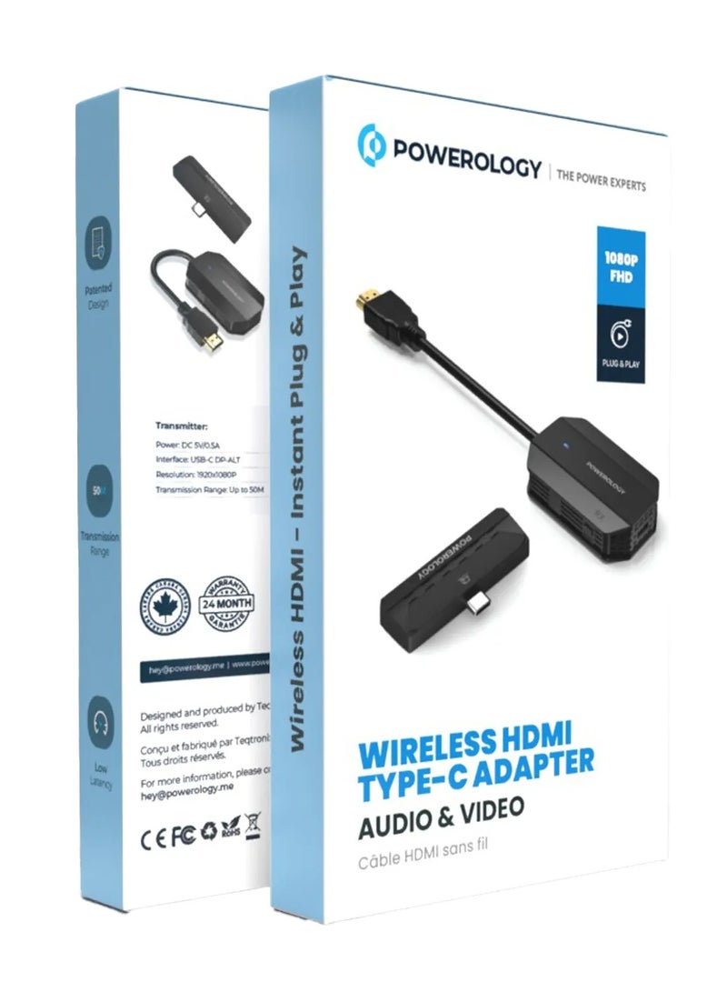 باورولوجي محول HDMI Type-C لاسلكي للصوت والفيديو / نطاق نقل 50 مترًا / زمن انتقال منخفض / التوصيل والتشغيل / دقة 1080 بكسل FHD - أسود - Image 3