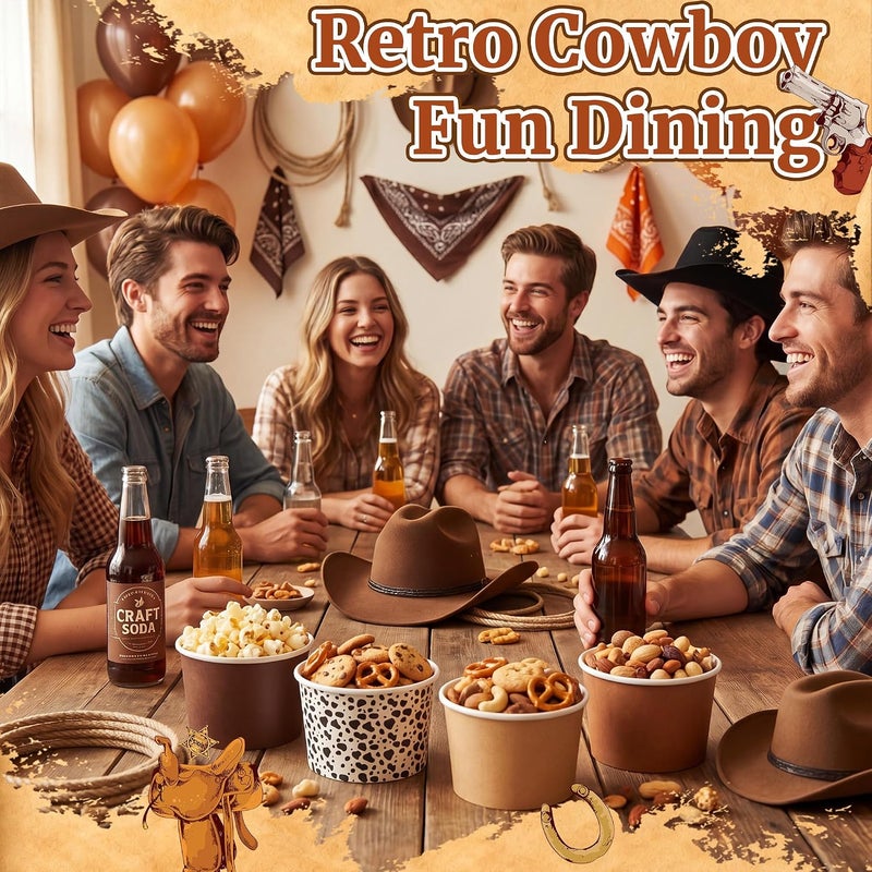 Romooa 48 Pcs 9oz Summer Ice Cream Paper Bowl Treat Snack Cups Cowboy Western Ice Cream Dessert Bowl Brown Western Cow Print Treat Snack Cup for Hot or Cold Food Party Favor Supplies - Image 5