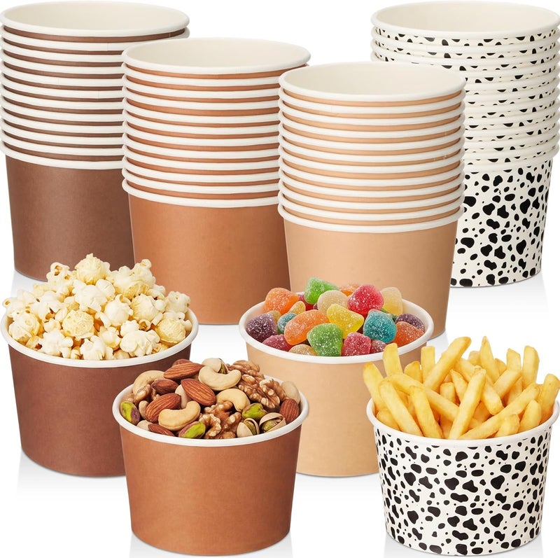 Romooa 48 Pcs 9oz Summer Ice Cream Paper Bowl Treat Snack Cups Cowboy Western Ice Cream Dessert Bowl Brown Western Cow Print Treat Snack Cup for Hot or Cold Food Party Favor Supplies - Image 1