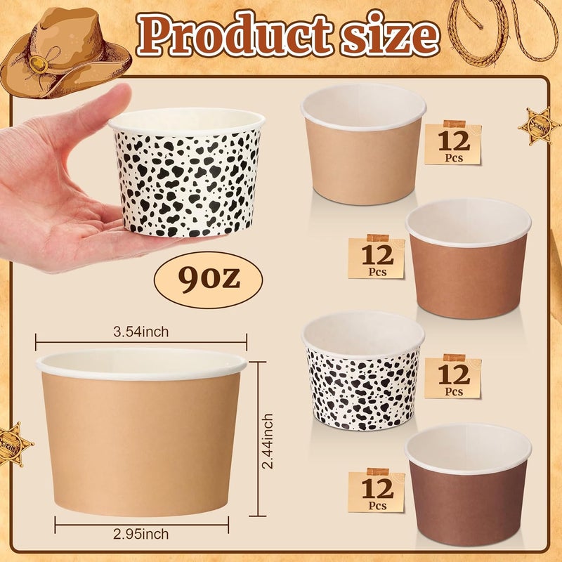 Romooa 48 Pcs 9oz Summer Ice Cream Paper Bowl Treat Snack Cups Cowboy Western Ice Cream Dessert Bowl Brown Western Cow Print Treat Snack Cup for Hot or Cold Food Party Favor Supplies - Image 3