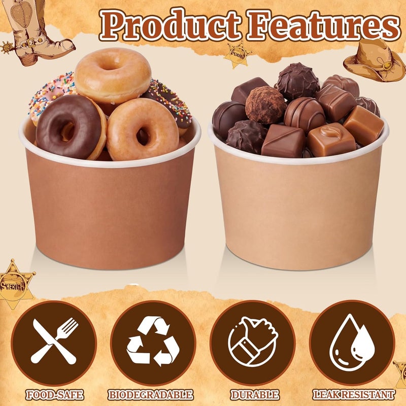Romooa 48 Pcs 9oz Summer Ice Cream Paper Bowl Treat Snack Cups Cowboy Western Ice Cream Dessert Bowl Brown Western Cow Print Treat Snack Cup for Hot or Cold Food Party Favor Supplies - Image 4