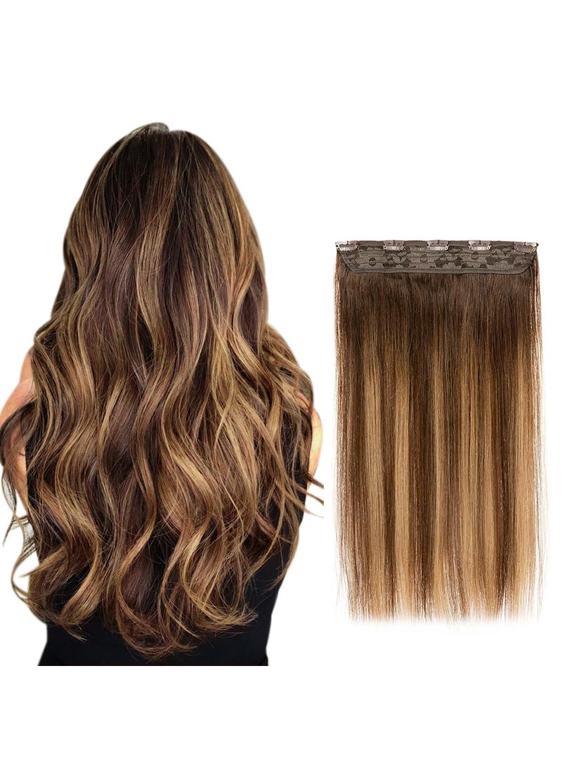 Winsky - Winsky Hair Extensions Real Human Hair  One Piece Brown Balayage Remy Hair Extensions Clip on 90gram for Women 20inch 4T27P4 - Image 1