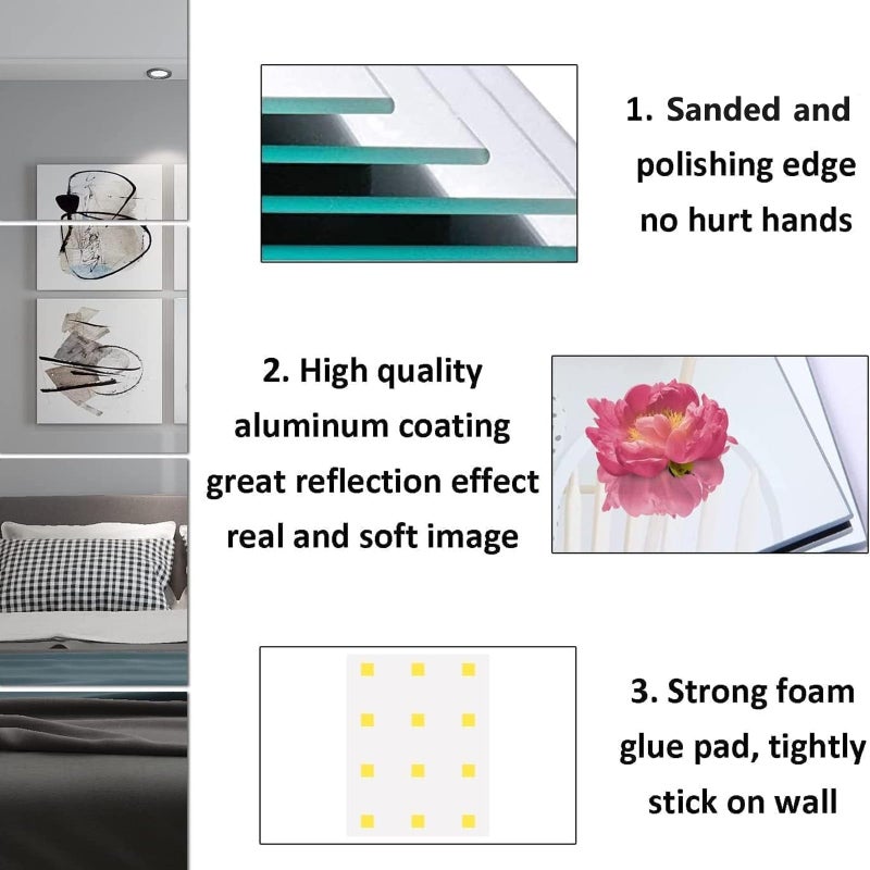QEEYON 16 x 12'' Glass Wall Mirror Tile Self Adhesive Frameless High Clear Mirror Sheet Wall Decor for Bedroom, Living Room, Bathroom, Home Gym, Hallway, Door etc (1pcs) - Image 3