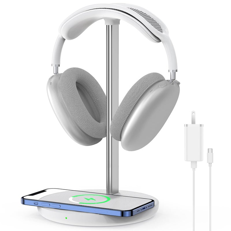 HiWe Headphone Stand with Wireless Charger, Gaming Headset Holder Hanger Rack 2 in 1 Wireless Charging Station Dock for iPhone 15/14/13/12/11 Series, AirPods Pro/3/2 and Desk All Headphones, White - Image 1