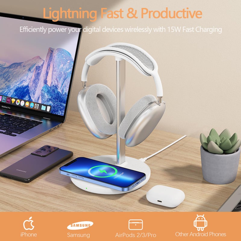 HiWe Headphone Stand with Wireless Charger, Gaming Headset Holder Hanger Rack 2 in 1 Wireless Charging Station Dock for iPhone 15/14/13/12/11 Series, AirPods Pro/3/2 and Desk All Headphones, White - Image 4