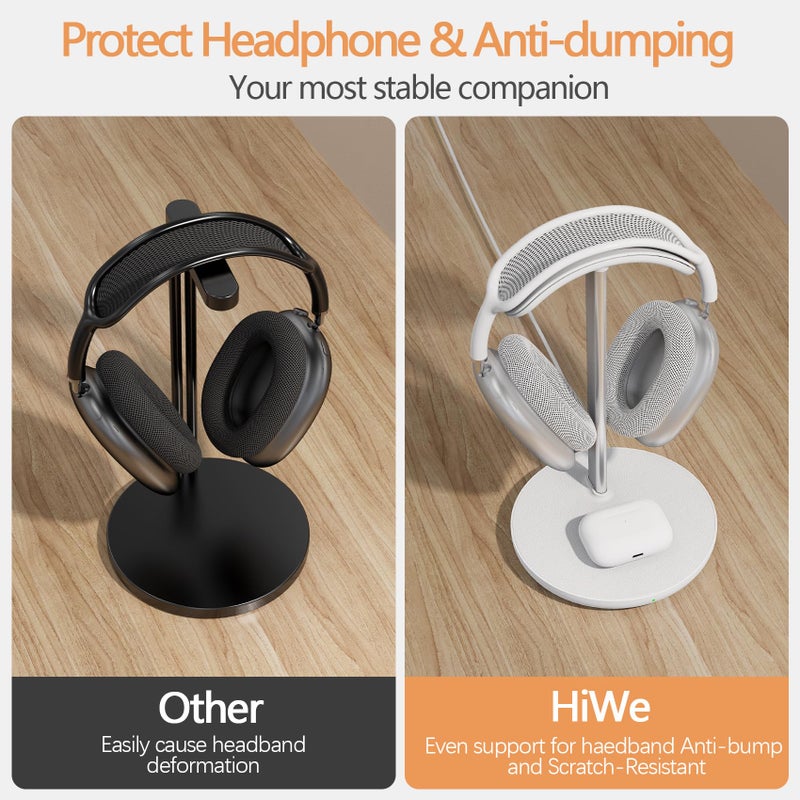HiWe Headphone Stand with Wireless Charger, Gaming Headset Holder Hanger Rack 2 in 1 Wireless Charging Station Dock for iPhone 15/14/13/12/11 Series, AirPods Pro/3/2 and Desk All Headphones, White - Image 3
