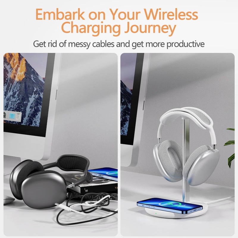 HiWe Headphone Stand with Wireless Charger, Gaming Headset Holder Hanger Rack 2 in 1 Wireless Charging Station Dock for iPhone 15/14/13/12/11 Series, AirPods Pro/3/2 and Desk All Headphones, White - Image 5