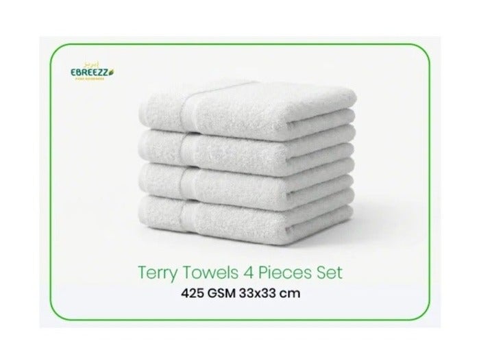 Terry Hand Towels Set – 4 Pieces, 425 GSM Soft Cotton Towels (33×33 cm)