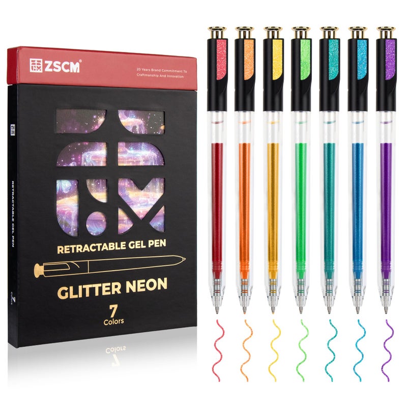 ZSCM Retractable Glitter Neon Pens, 7 Colors Large Capacity UV Reactive Sparkle Gel Ink Pens for Adult Coloring, 1.0 mm Fine Point Smooth Writing Color Pen for UV Art Note Taking Aesthetic Art Supplies - Image 1