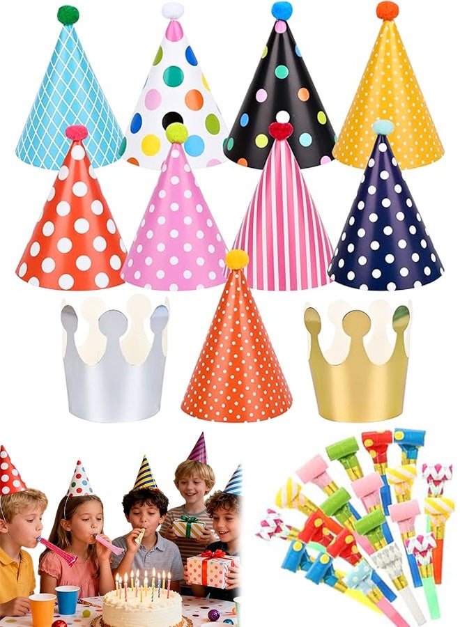 21 in 1 Party Hats Set, 11 Pcs Birthday Cone Hats Lovely Crown with Pom Poms, 10 Pcs Colorful Blowouts, Birthday Party Decorations for Kids Adults - Image 1