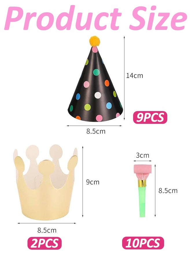 21 in 1 Party Hats Set, 11 Pcs Birthday Cone Hats Lovely Crown with Pom Poms, 10 Pcs Colorful Blowouts, Birthday Party Decorations for Kids Adults - Image 2
