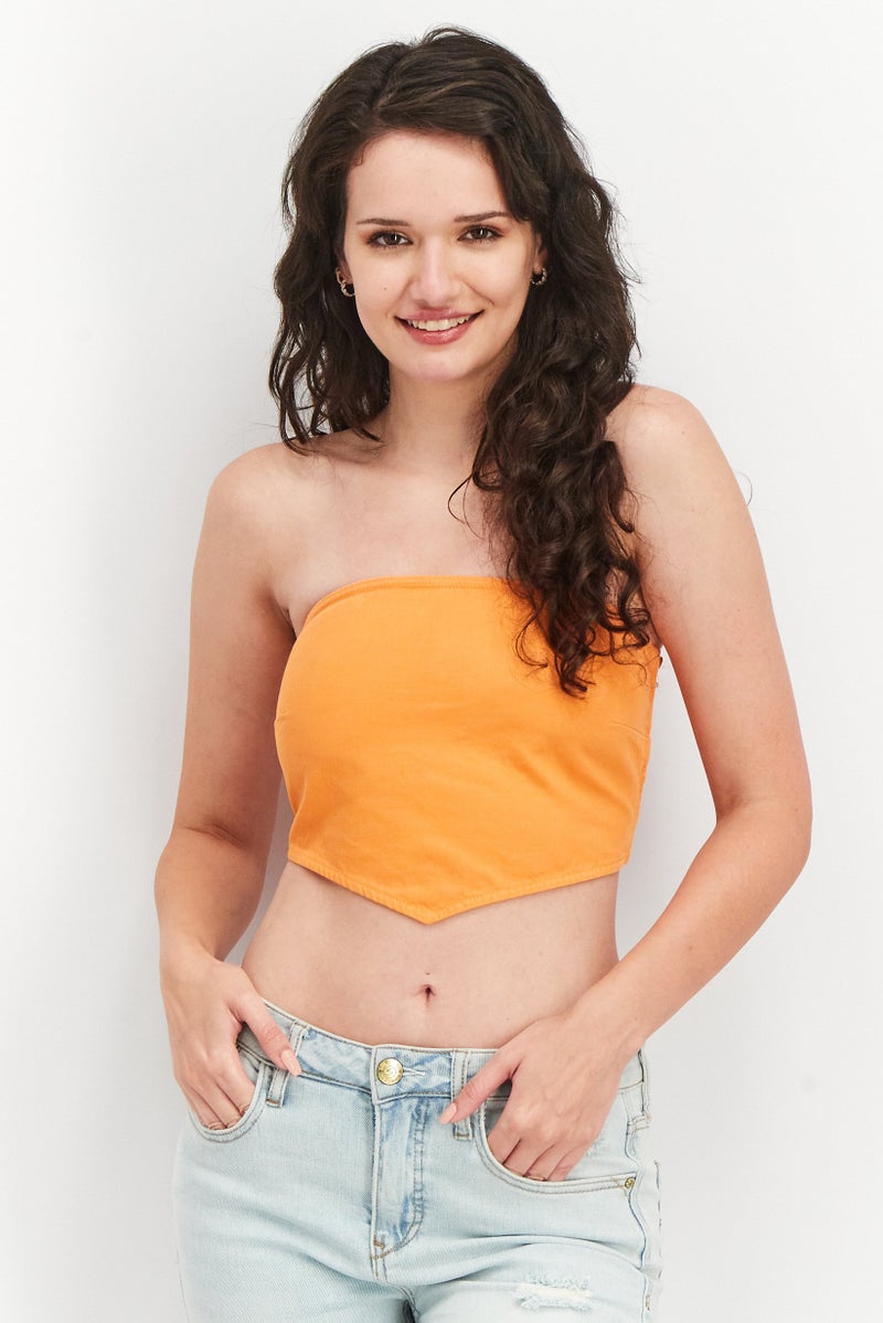 NA-KD Women Straight Across Strapless Plain Denim Tube, Orange  - Image 1