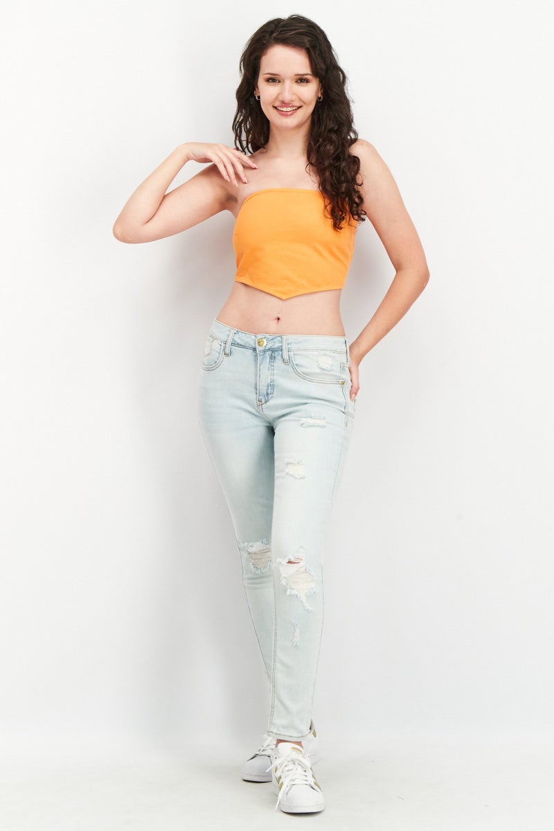 NA-KD Women Straight Across Strapless Plain Denim Tube, Orange  - Image 3