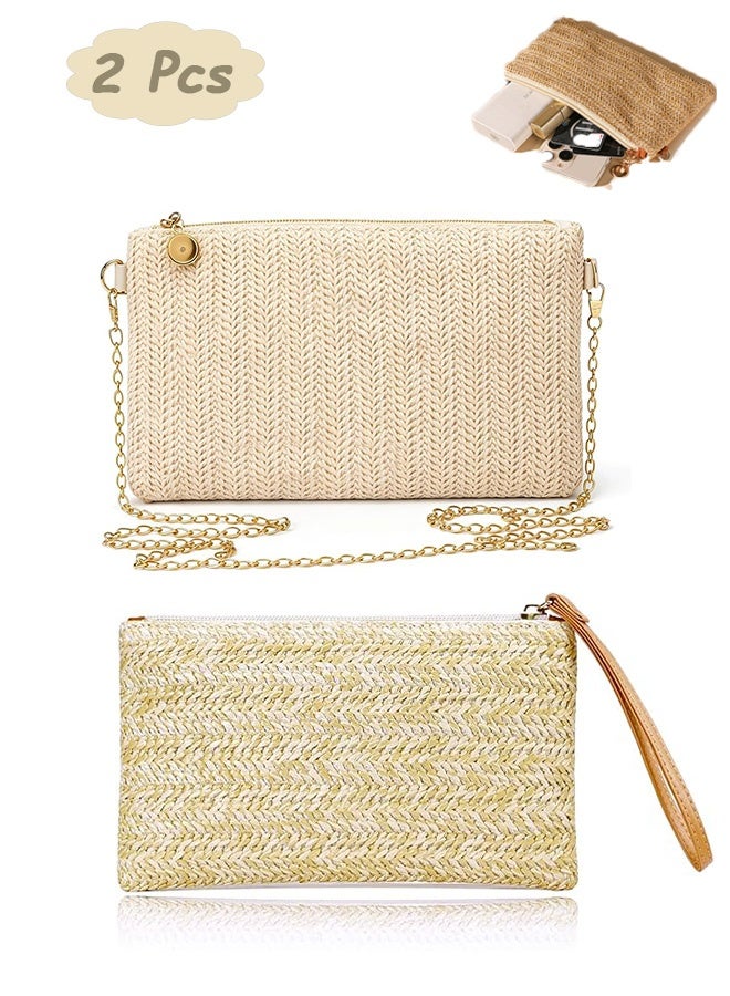 GD 2 Pcs Straw Woven Clutch Bag - Summer Beach Wristlet Purse - Lightweight Zipper Pouch for Women Girls Summer Vacations Pool Days and Casual Outings - Image 1