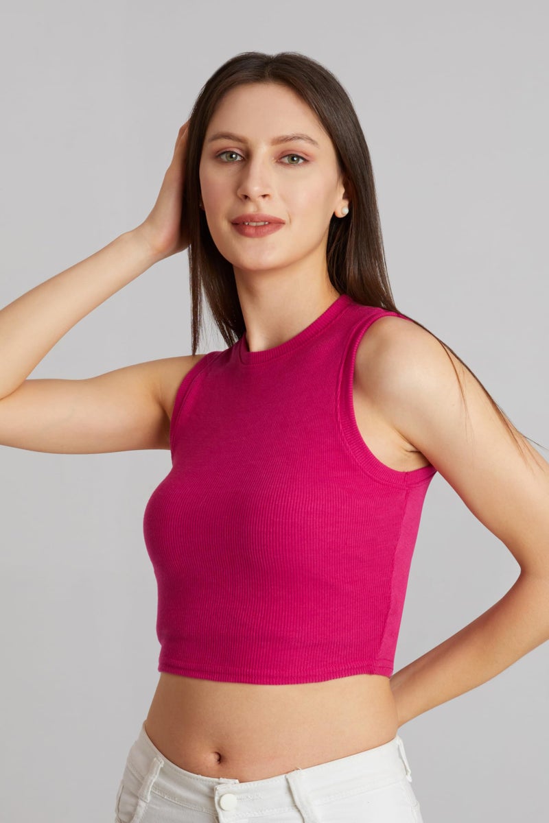 Berry&Bird BERRY BIRD® Stylish Sleeveless Round Neck Ribbed Tank Tops for Women & Girls Slim Fit Collarless Beach, Gym Wear and Western Trendy Fashion Pink - Image 3