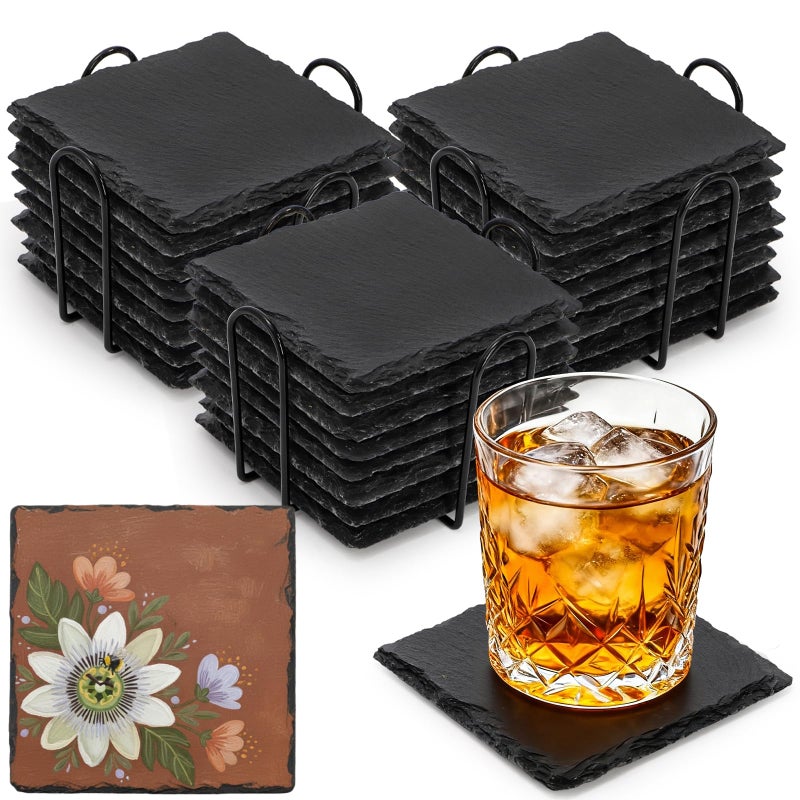 ZOOFOX 24 Pieces Drink Coasters, 4 Inch Square Slate Stone Coaster with 3 Holders, Handmade Coasters Set for Bar Kitchen Home Decor - Image 1