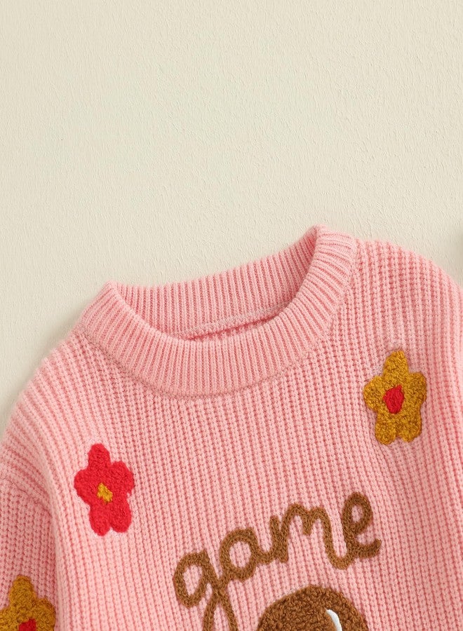 Lenjindjer Toddler Baby Girl Fall Outfit Game Day Flower Embroidered Long Sleeve Knit Sweater Chunky Pullover Football Tops (Pink, 2-3 Years) - Image 5