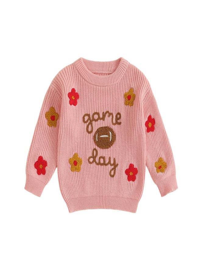Lenjindjer Toddler Baby Girl Fall Outfit Game Day Flower Embroidered Long Sleeve Knit Sweater Chunky Pullover Football Tops (Pink, 2-3 Years) - Image 1