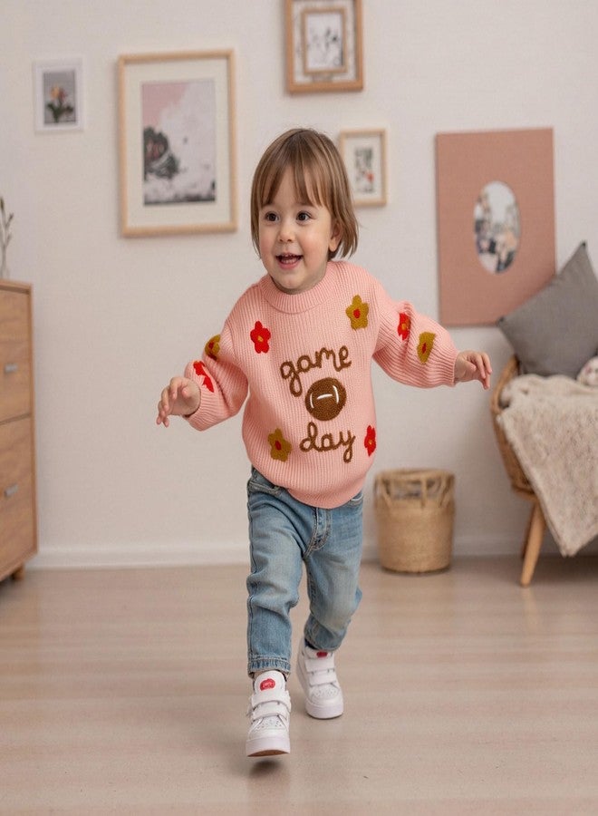Lenjindjer Toddler Baby Girl Fall Outfit Game Day Flower Embroidered Long Sleeve Knit Sweater Chunky Pullover Football Tops (Pink, 2-3 Years) - Image 4