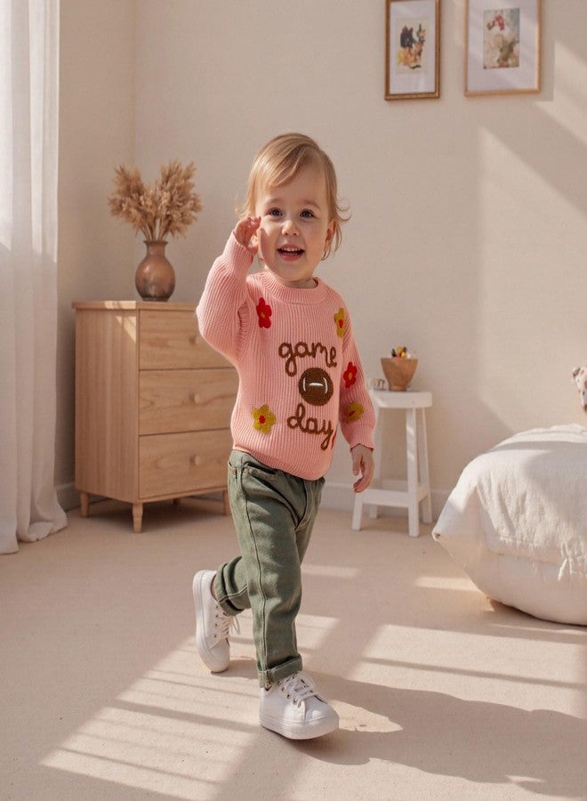 Lenjindjer Toddler Baby Girl Fall Outfit Game Day Flower Embroidered Long Sleeve Knit Sweater Chunky Pullover Football Tops (Pink, 2-3 Years) - Image 2