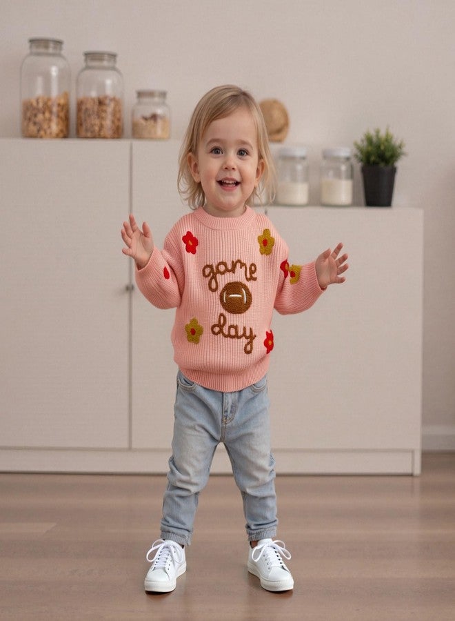 Lenjindjer Toddler Baby Girl Fall Outfit Game Day Flower Embroidered Long Sleeve Knit Sweater Chunky Pullover Football Tops (Pink, 2-3 Years) - Image 3