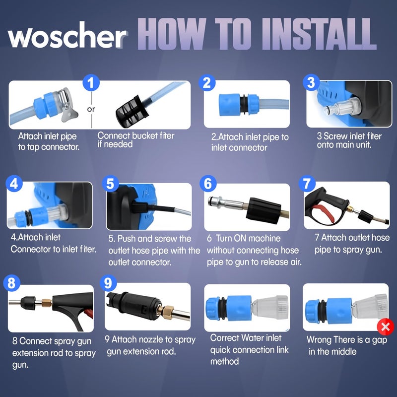 Woscher 969 High Pressure Washer 100 Copper Motor 240 Bars 2400 Watts10L Min Water Flow Rate 8 Metres Outlet Hose Portable for Car Bike and Washer Pump for Home Use Cleaning18 Months Warranty - Image 5