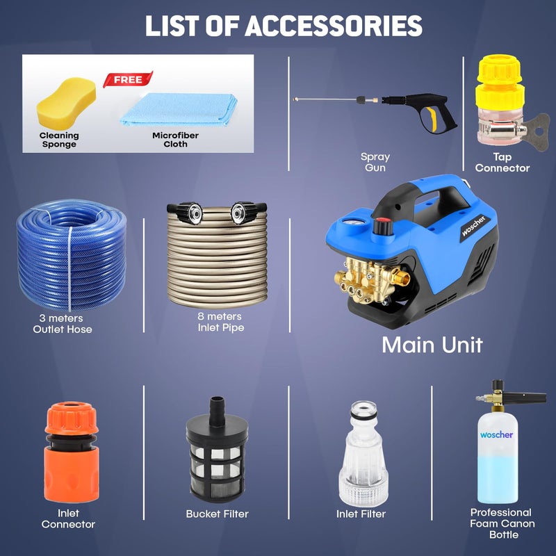 Woscher 969 High Pressure Washer 100 Copper Motor 240 Bars 2400 Watts10L Min Water Flow Rate 8 Metres Outlet Hose Portable for Car Bike and Washer Pump for Home Use Cleaning18 Months Warranty - Image 4