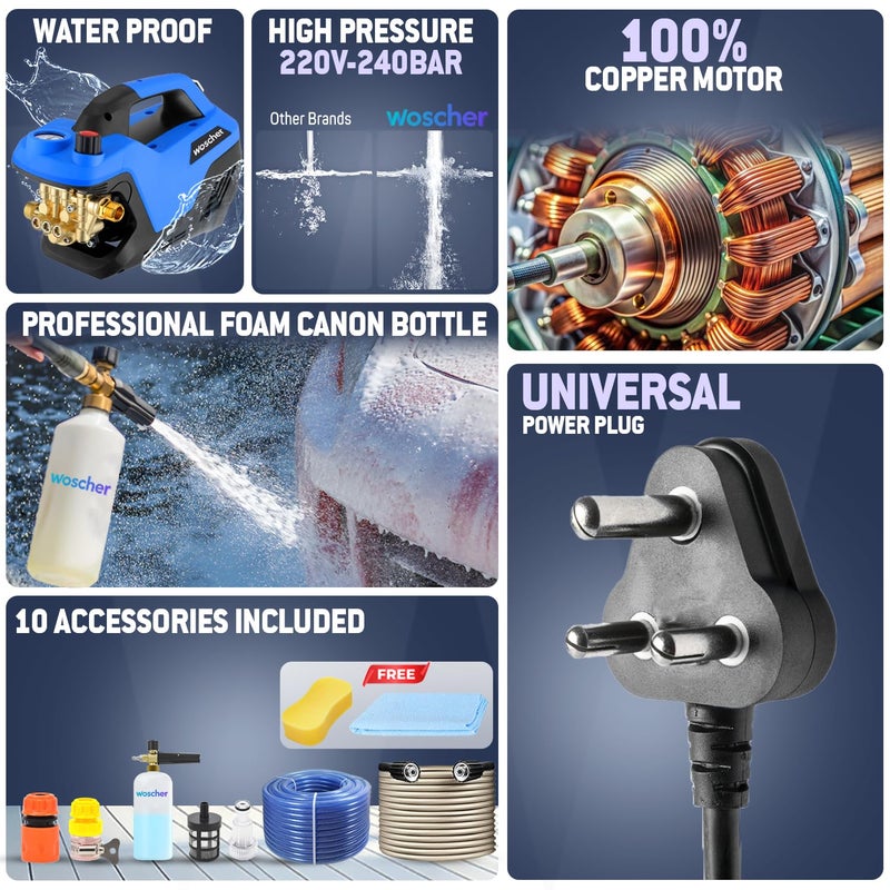 Woscher 969 High Pressure Washer 100 Copper Motor 240 Bars 2400 Watts10L Min Water Flow Rate 8 Metres Outlet Hose Portable for Car Bike and Washer Pump for Home Use Cleaning18 Months Warranty - Image 2