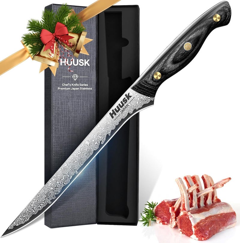 Huusk Damascus Boning Knife 8 inch, VG10 Brisket Trimming Knives for Meat Cutting, Flexible Fillet Knife, Butcher Knives, Kitchen Slicing Knives with Full Tang Handle, Christmas Gift for Men and Women - Image 1