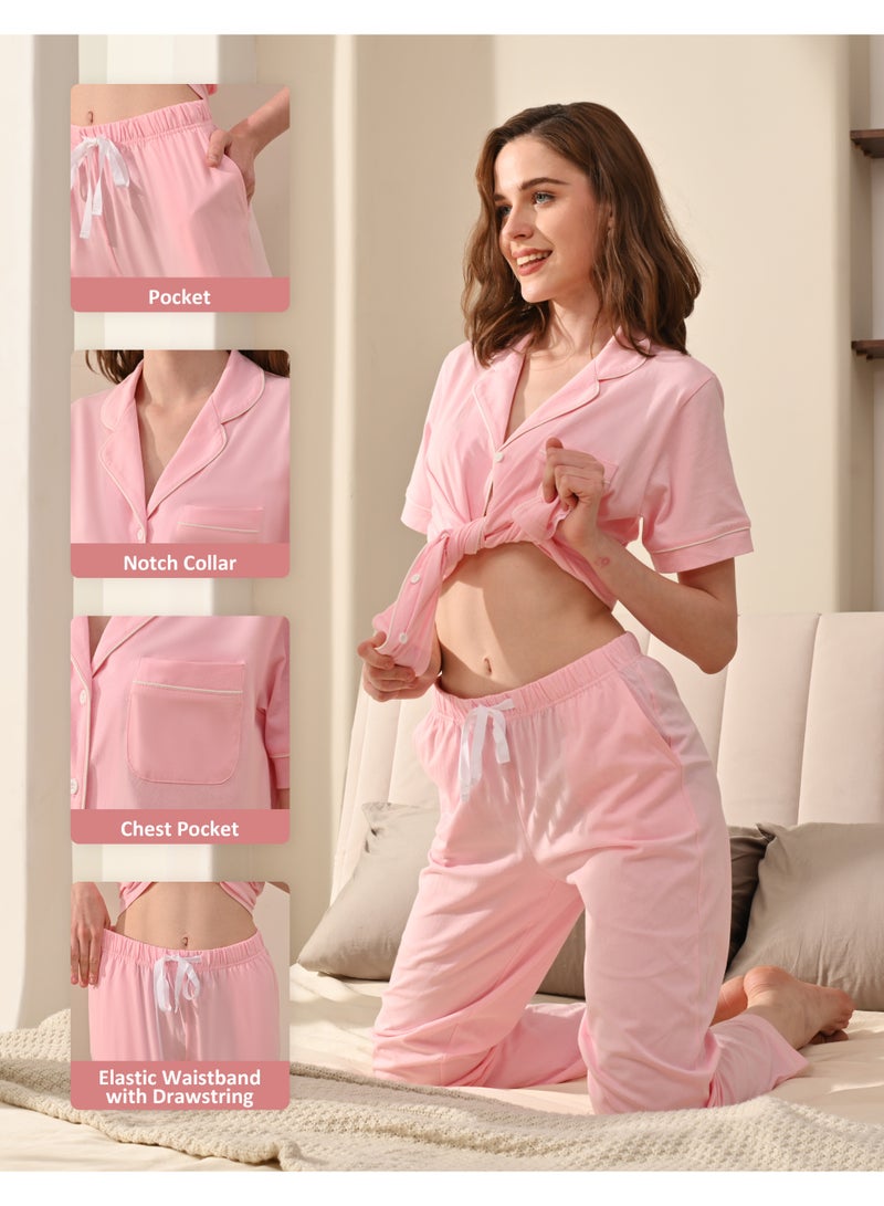 100% Cotton Pajamas for Women Sets 2 Pieces Pjs Button short sleeves with Pockets Soft Sleepwear Loungewear XS-M - Image 3