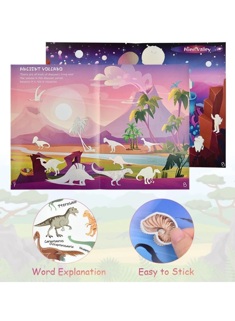 Zikra Sticker Books, 2Pcs Reusable Sticker Book Learning Toys for 2 to 6 Years Old Boys Girls, Dinosaur Park and Space Travel Sticker Books for Toddler Educational Sticker Toy - Image 2