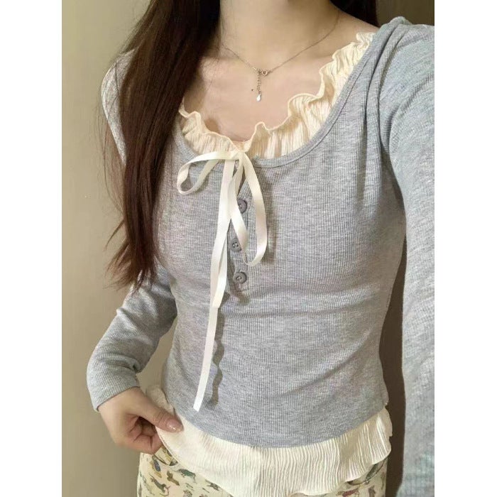 Autumn Dress Fake Two-piece Base Shirt Womens 2024 Early Autumn Ballet Style Pure Long Sleeve Top Slim-fit Chic T-shirt Black - Image 2