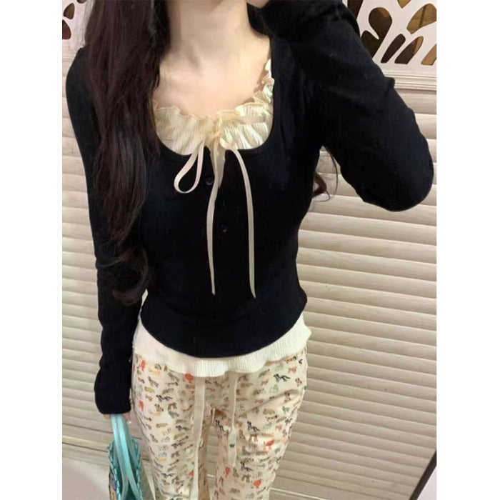 Autumn Dress Fake Two-piece Base Shirt Womens 2024 Early Autumn Ballet Style Pure Long Sleeve Top Slim-fit Chic T-shirt Black - Image 1